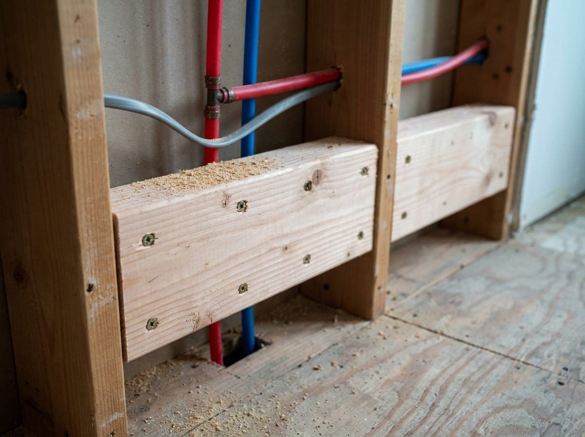 Solid wood blocking screwed between wall studs at grab-bar height in an open wall, water lines running through the bay behind