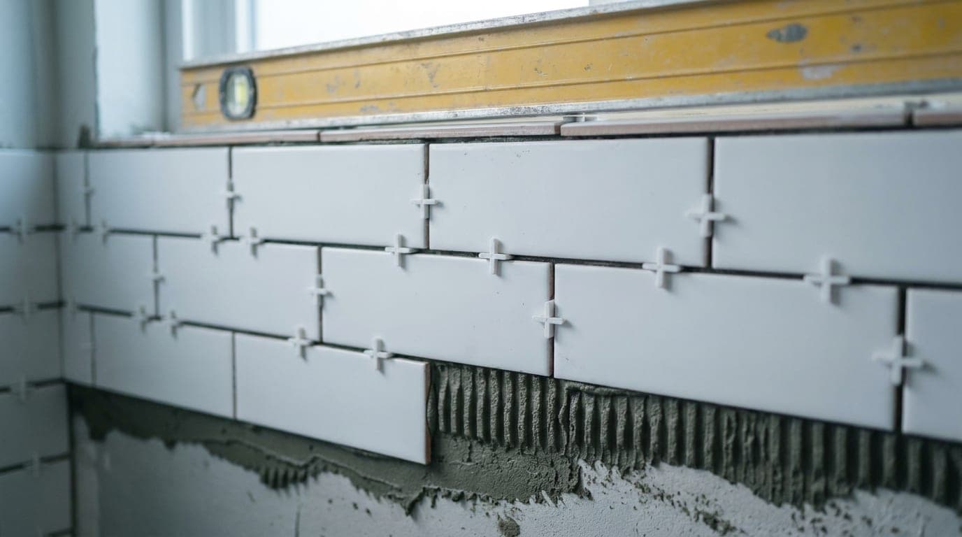 White subway tile being set in courses on a shower wall, spacers still in the joints and trowel ridges in the fresh thinset
