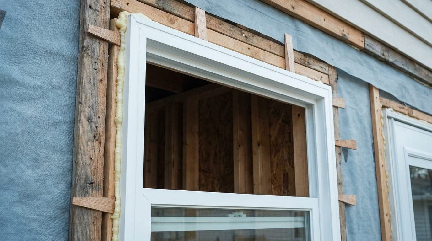 A new white replacement window set into a rough opening, held square on tapered shims with sealant along the jamb