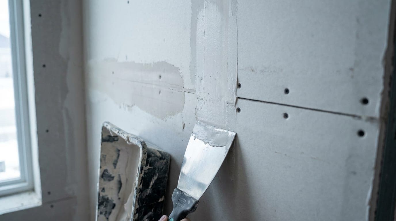 A taping knife drawing joint compound over paper tape along a drywall seam, screw dimples spotted in rows either side