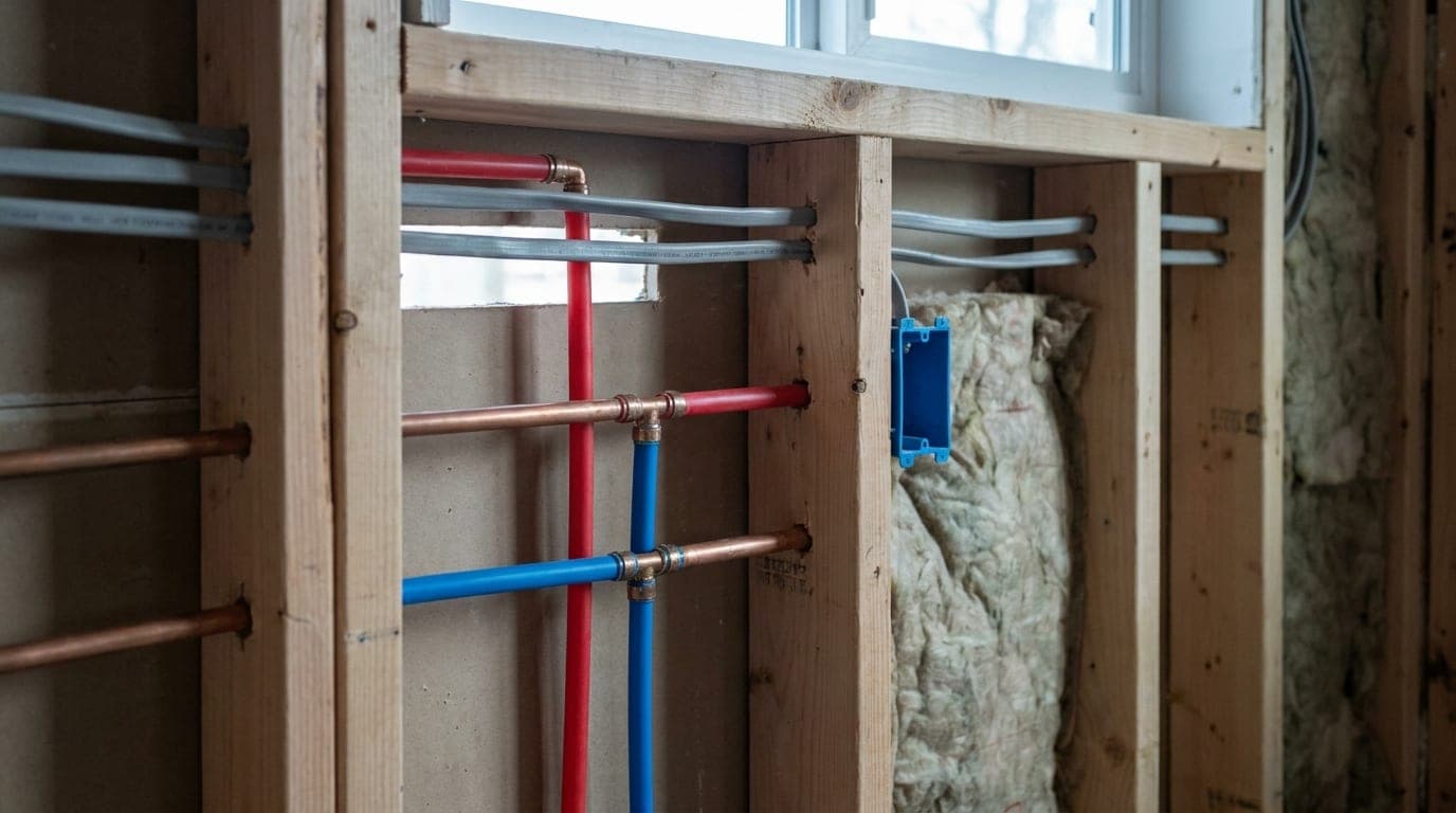 Rough-in services in an open stud wall: red and blue water lines, tidy parallel cable runs and an outlet box on a stud