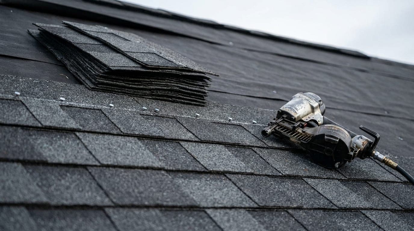 Charcoal architectural shingles being laid in overlapping courses over black underlayment, an open bundle alongside