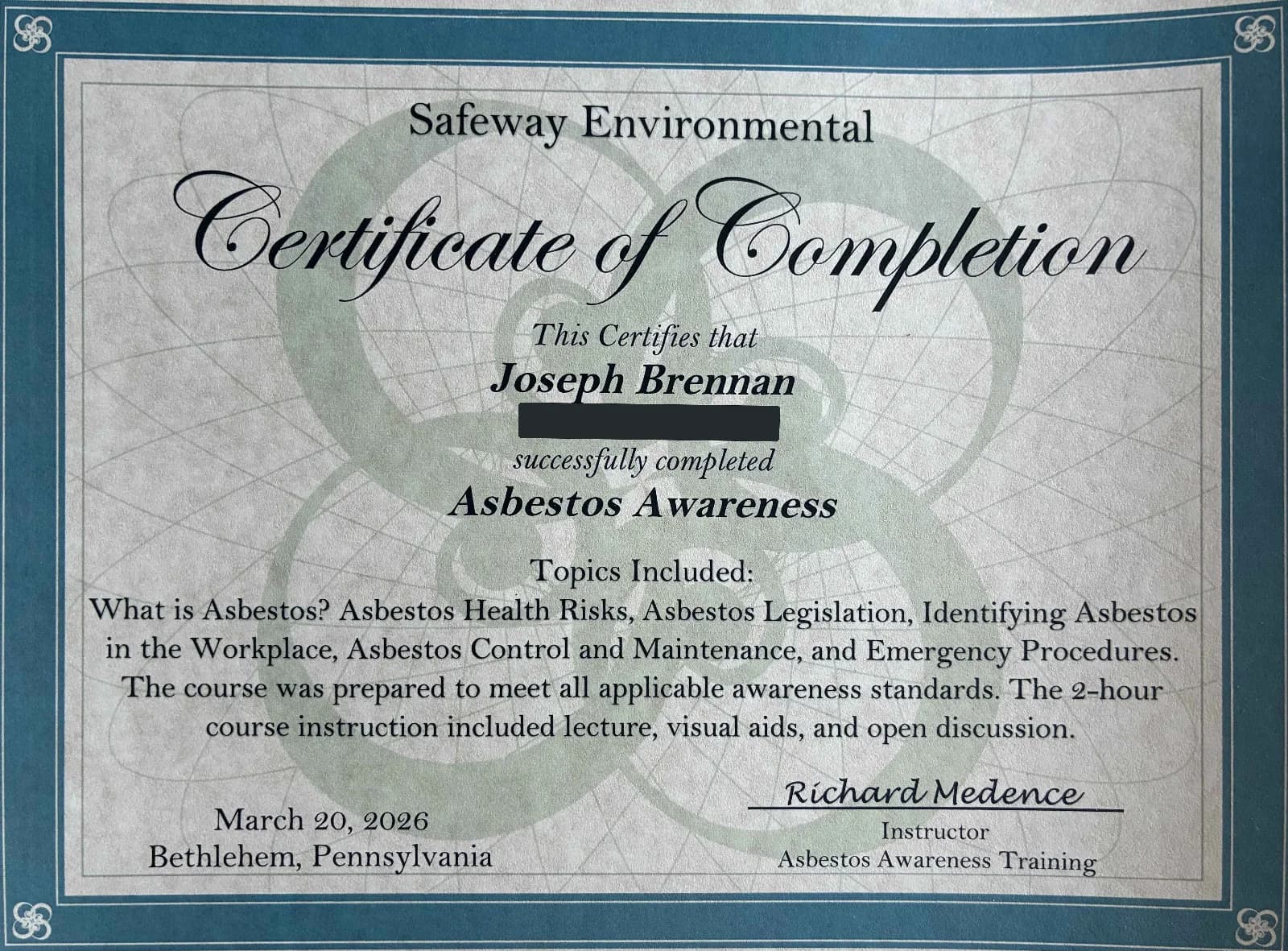 Asbestos Awareness certificate of completion issued to Joseph Brennan by Safeway Environmental of Bethlehem, Pennsylvania, dated March 20 2026