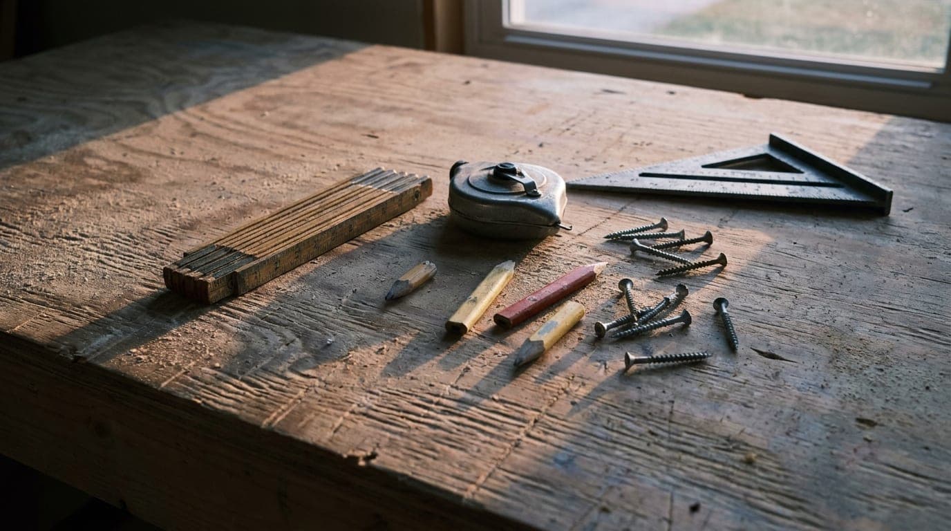 A contractor's workbench at the end of the day: folding rule, chalk line, speed square and pencils on a scarred plywood top